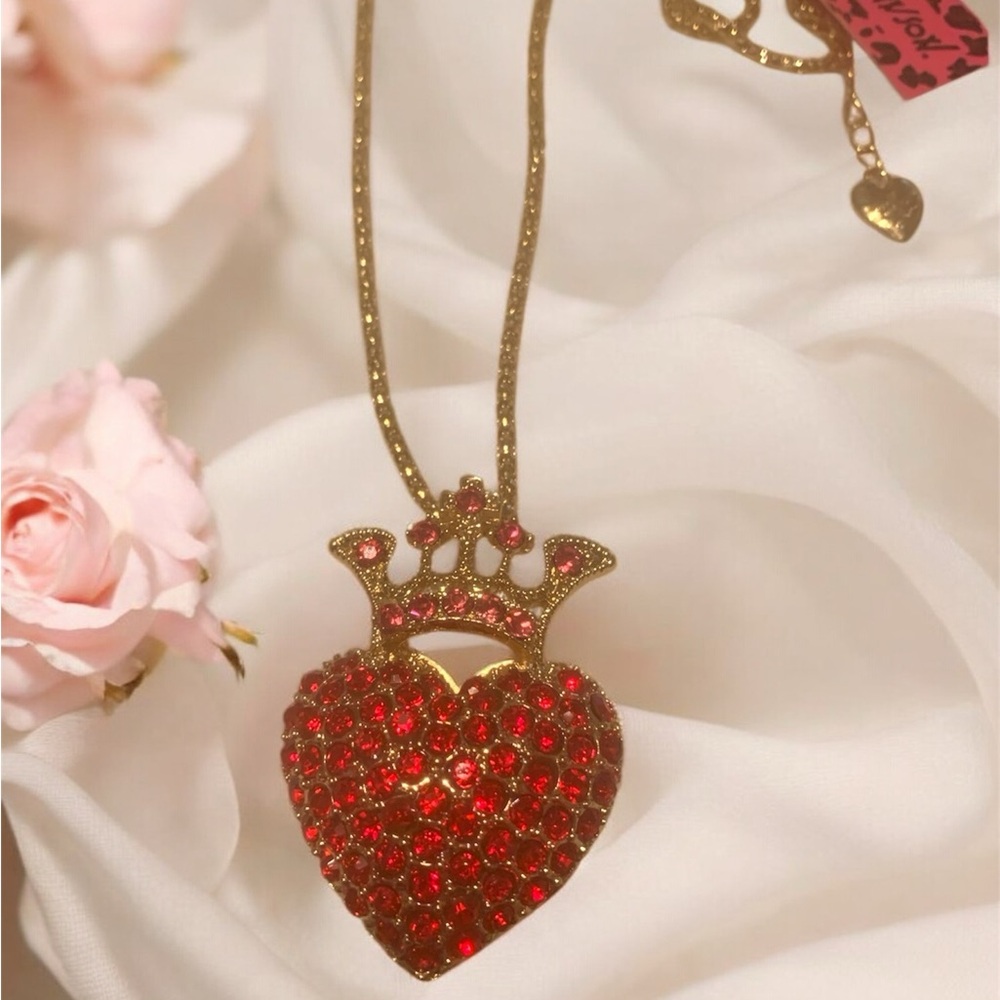 NEW Betsey Johnson Gold Crystal Crown Red CZ Heart Necklace 18”-22” chain NWT - Picture 8 of 8